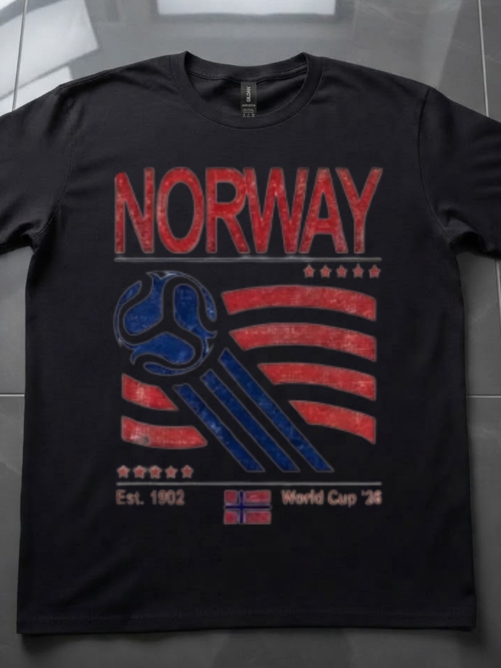 Gildan Norway Soccer Graphic Tee - Black with Red & Blue